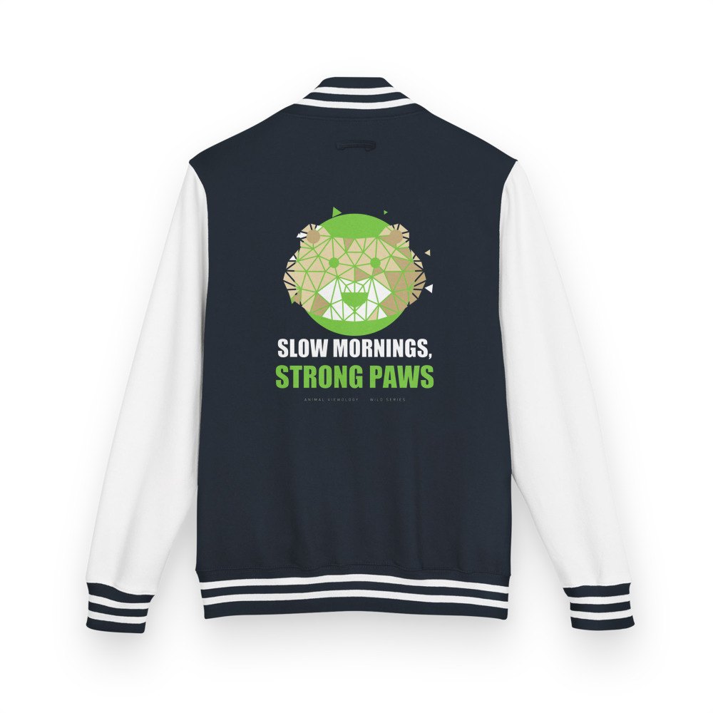 Animal Viewology Slow Mornings, Strong Paws Varsity Jacket in Oxford Navy/Arctic White
