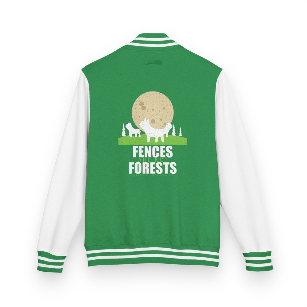 Animal Viewology Fences Are Not Forests Varsity Jacket in Kelly Green/Arctic White